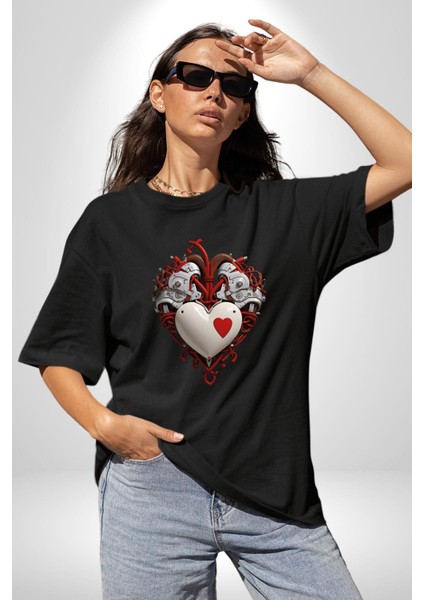 Robot Kalp Atardamar Pamuklu Bisiklet Yaka Kadın Erkek Oversize Boyfriend Dijital Baskılı Siyah T-Shirt