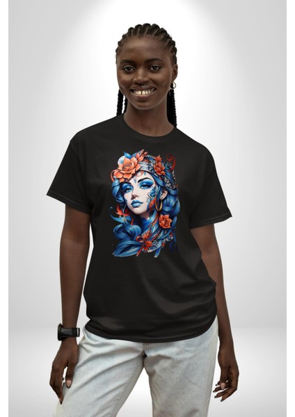 Kızlar Modası Dövme Çiçek Pamuklu Bisiklet Yaka Kadın Erkek Oversize Boyfriend Dijital Baskılı Siyah T-Shirt