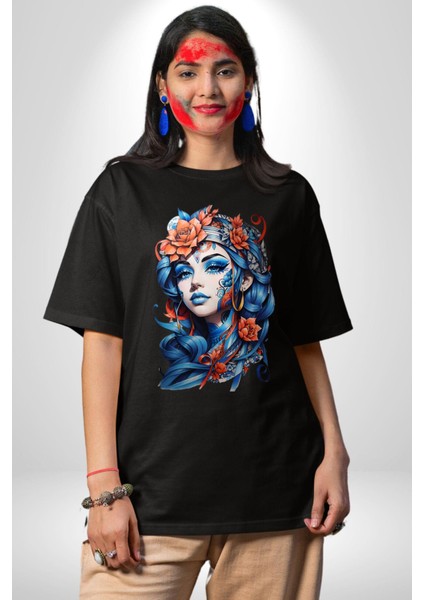 Kızlar Modası Dövme Çiçek Pamuklu Bisiklet Yaka Kadın Erkek Oversize Boyfriend Dijital Baskılı Siyah T-Shirt fırsatları