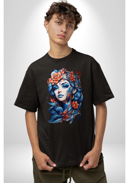 Kızlar Modası Dövme Çiçek Pamuklu Bisiklet Yaka Kadın Erkek Oversize Boyfriend Dijital Baskılı Siyah T-Shirt indirimleri