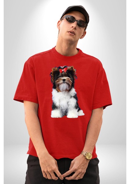 Biewer Yorshire Terrier Pamuklu Bisiklet Yaka Kadın Erkek Oversize Boyfriend Dijital Baskılı Kırmızı T-Shirt modelleri