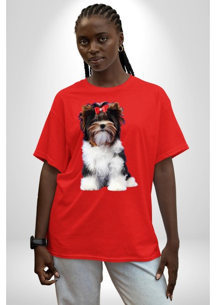 Biewer Yorshire Terrier Pamuklu Bisiklet Yaka Kadın Erkek Oversize Boyfriend Dijital Baskılı Kırmızı T-Shirt fırsatları