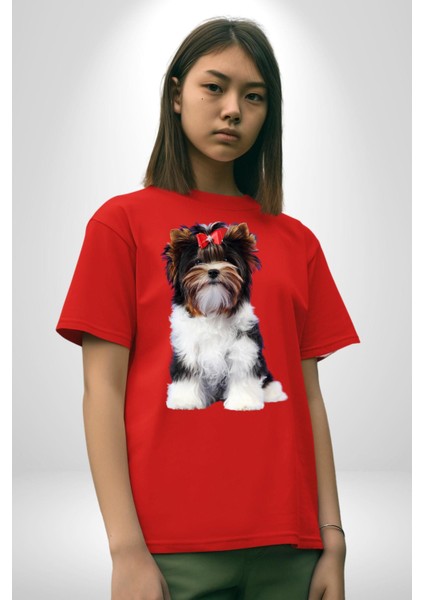 Biewer Yorshire Terrier Pamuklu Bisiklet Yaka Kadın Erkek Oversize Boyfriend Dijital Baskılı Kırmızı T-Shirt indirimleri