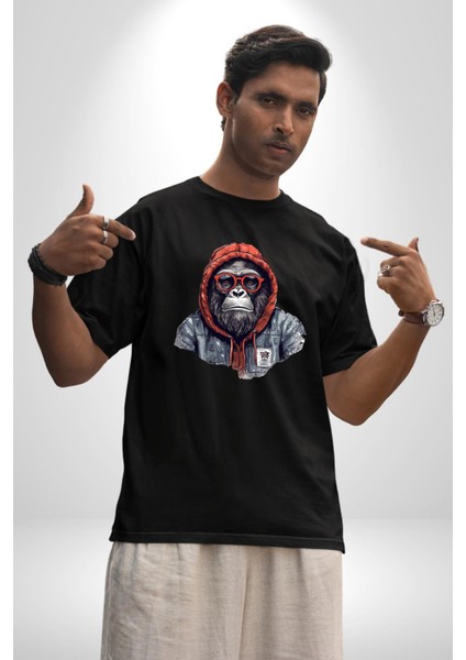 Kırmızı Gözlük Çeket Maymun Pamuklu Bisiklet Yaka Kadın Erkek Oversize Boyfriend Dijital Baskılı Siyah T-Shirt
