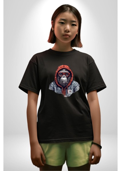 Kırmızı Gözlük Çeket Maymun Pamuklu Bisiklet Yaka Kadın Erkek Oversize Boyfriend Dijital Baskılı Siyah T-Shirt
