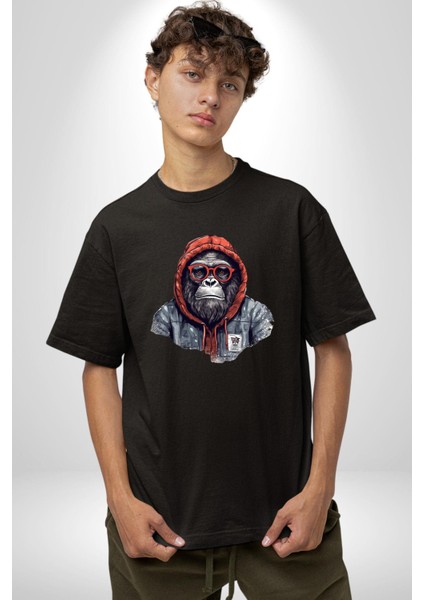 Kırmızı Gözlük Çeket Maymun Pamuklu Bisiklet Yaka Kadın Erkek Oversize Boyfriend Dijital Baskılı Siyah T-Shirt