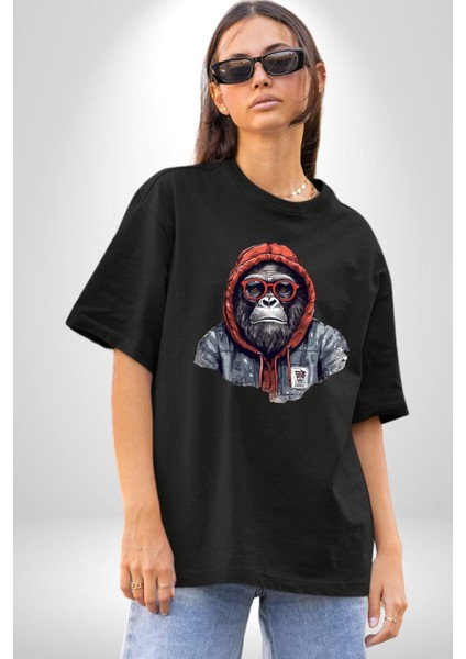 Kırmızı Gözlük Çeket Maymun Pamuklu Bisiklet Yaka Kadın Erkek Oversize Boyfriend Dijital Baskılı Siyah T-Shirt