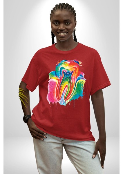 Diş Doktoru Diş Anatomisi Özel Tasarım Pamuklu Bisiklet Yaka Kadın Erkek Oversize Boyfriend Dijital Baskılı Kırmızı T-Shirt modelleri