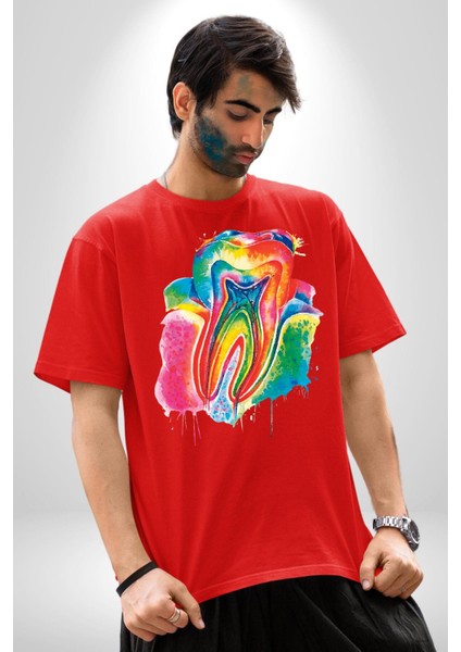 Diş Doktoru Diş Anatomisi Özel Tasarım Pamuklu Bisiklet Yaka Kadın Erkek Oversize Boyfriend Dijital Baskılı Kırmızı T-Shirt fırsatları