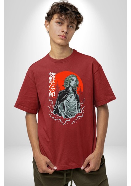 Tokyo Revengers Mikey Red Moon Pamuklu Bisiklet Yaka Kadın Erkek Oversize Boyfriend Dijital Baskılı Kırmızı T-Shirt modelleri