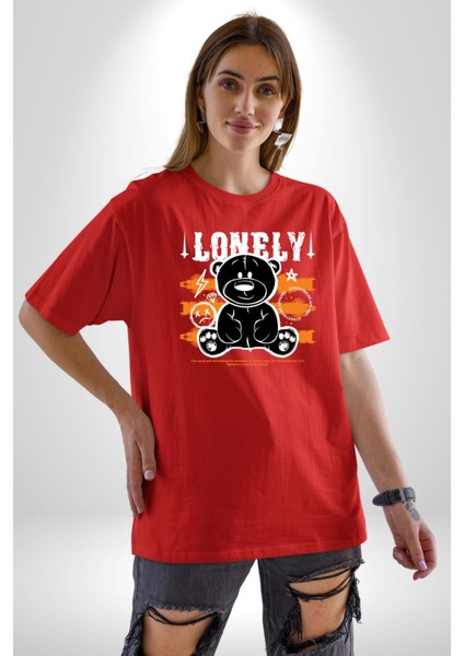 Yalnız Pamuklu Bisiklet Yaka Kadın Erkek Oversize Boyfriend Dijital Baskılı Kırmızı T-Shirt