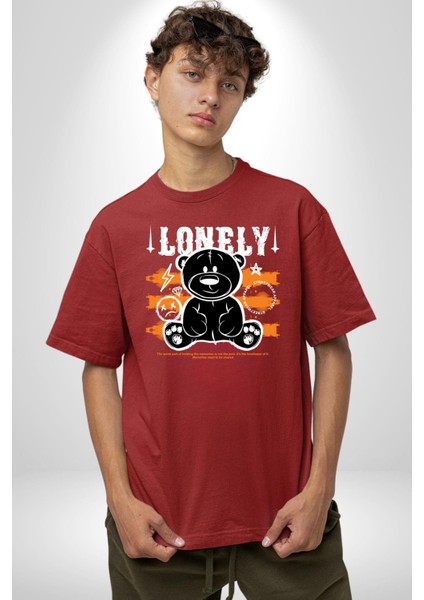 Yalnız Pamuklu Bisiklet Yaka Kadın Erkek Oversize Boyfriend Dijital Baskılı Kırmızı T-Shirt fiyatları