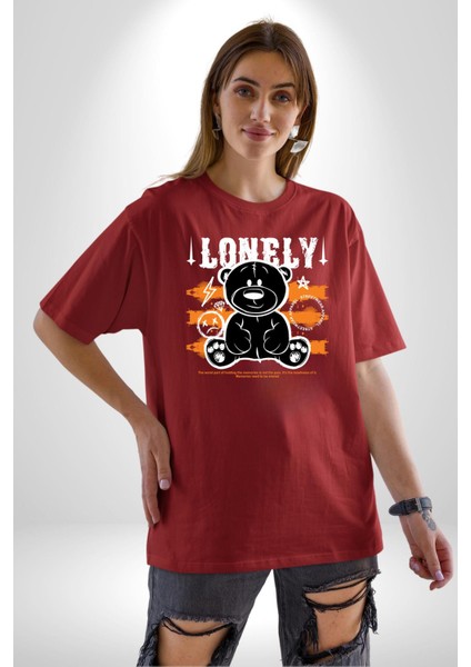 Yalnız Pamuklu Bisiklet Yaka Kadın Erkek Oversize Boyfriend Dijital Baskılı Kırmızı T-Shirt modelleri