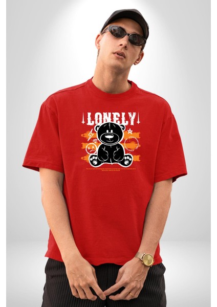 Yalnız Pamuklu Bisiklet Yaka Kadın Erkek Oversize Boyfriend Dijital Baskılı Kırmızı T-Shirt fırsatları