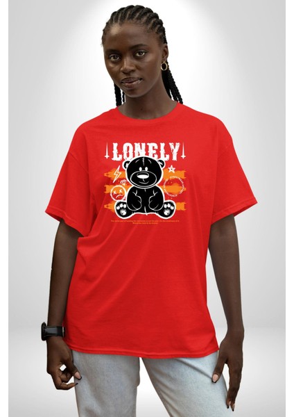 Yalnız Pamuklu Bisiklet Yaka Kadın Erkek Oversize Boyfriend Dijital Baskılı Kırmızı T-Shirt indirimleri