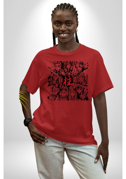 Anime Demon Slayer Hashira Pamuklu Bisiklet Yaka Kadın Erkek Oversize Boyfriend Dijital Baskılı Kırmızı T-Shirt modelleri