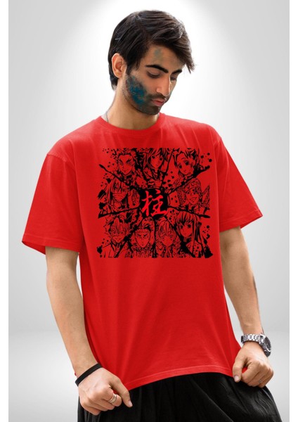 Anime Demon Slayer Hashira Pamuklu Bisiklet Yaka Kadın Erkek Oversize Boyfriend Dijital Baskılı Kırmızı T-Shirt fırsatları