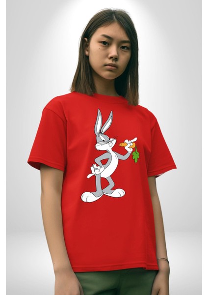 Bugs Bunny Pamuklu Bisiklet Yaka Kadın Erkek Oversize Boyfriend Dijital Baskılı Kırmızı T-Shirt