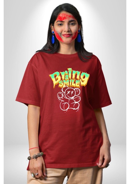 Beyin Gülüşü Pamuklu Bisiklet Yaka Kadın Erkek Oversize Boyfriend Dijital Baskılı Kırmızı T-Shirt