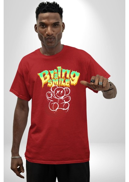 Beyin Gülüşü Pamuklu Bisiklet Yaka Kadın Erkek Oversize Boyfriend Dijital Baskılı Kırmızı T-Shirt fiyatları