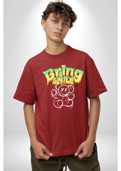 Beyin Gülüşü Pamuklu Bisiklet Yaka Kadın Erkek Oversize Boyfriend Dijital Baskılı Kırmızı T-Shirt fırsatları