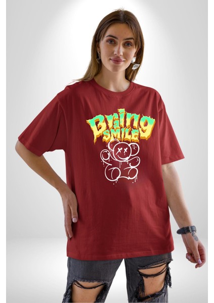 Beyin Gülüşü Pamuklu Bisiklet Yaka Kadın Erkek Oversize Boyfriend Dijital Baskılı Kırmızı T-Shirt indirimleri