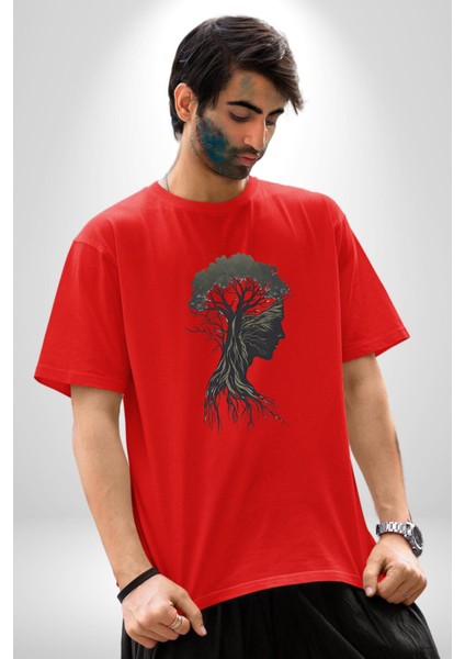 Toprak Köksalmış Ağaç Kadın Pamuklu Bisiklet Yaka Kadın Erkek Oversize Boyfriend Dijital Baskılı Kırmızı T-Shirt fiyatları