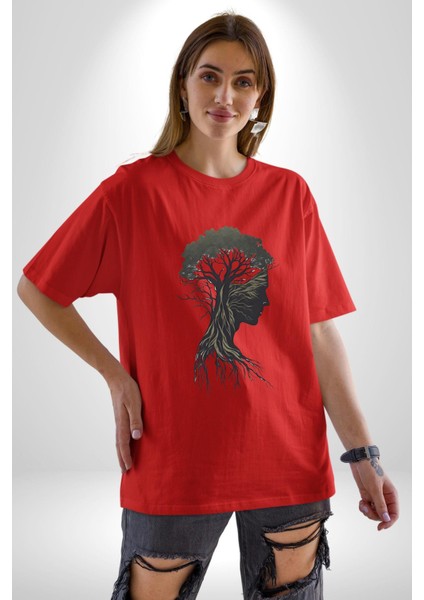 Toprak Köksalmış Ağaç Kadın Pamuklu Bisiklet Yaka Kadın Erkek Oversize Boyfriend Dijital Baskılı Kırmızı T-Shirt modelleri