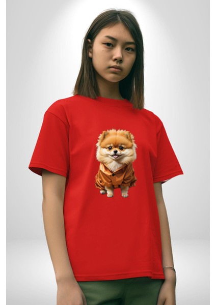 Teacup Pomernian Çeket Pamuklu Bisiklet Yaka Kadın Erkek Oversize Boyfriend Dijital Baskılı Kırmızı T-Shirt