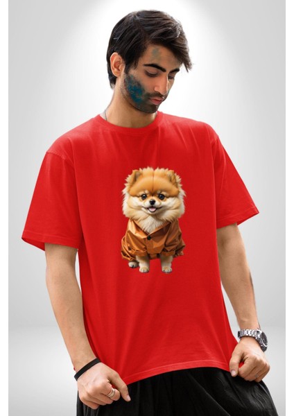 Teacup Pomernian Çeket Pamuklu Bisiklet Yaka Kadın Erkek Oversize Boyfriend Dijital Baskılı Kırmızı T-Shirt