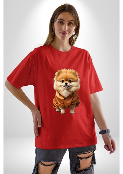 Teacup Pomernian Çeket Pamuklu Bisiklet Yaka Kadın Erkek Oversize Boyfriend Dijital Baskılı Kırmızı T-Shirt
