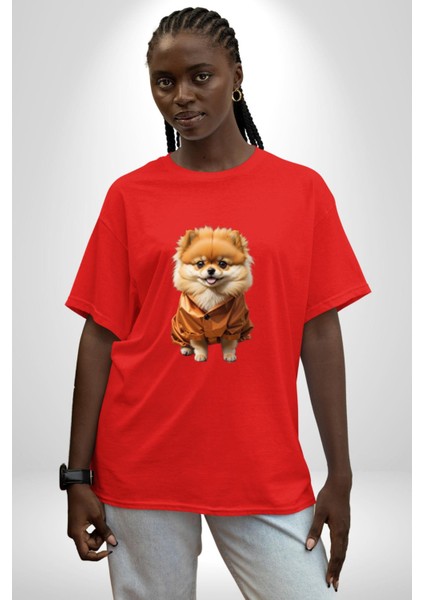 Teacup Pomernian Çeket Pamuklu Bisiklet Yaka Kadın Erkek Oversize Boyfriend Dijital Baskılı Kırmızı T-Shirt