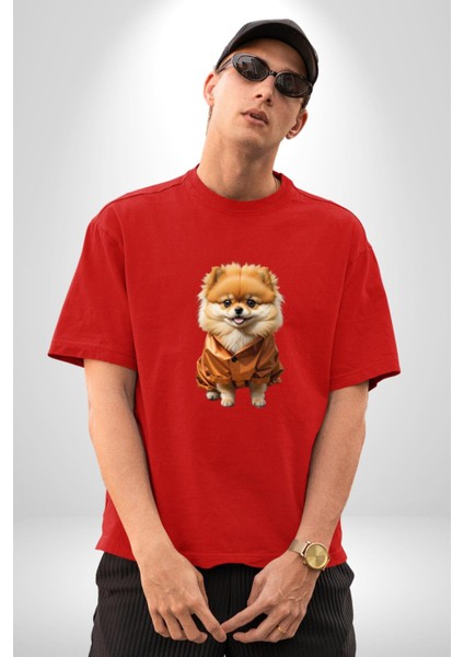 Teacup Pomernian Çeket Pamuklu Bisiklet Yaka Kadın Erkek Oversize Boyfriend Dijital Baskılı Kırmızı T-Shirt