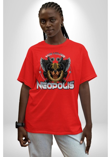 Neopolis Rottweiler Viking Pamuklu Bisiklet Yaka Kadın Erkek Oversize Boyfriend Dijital Baskılı Kırmızı T-Shirt fiyatları