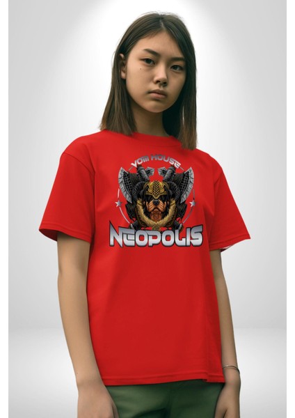 Neopolis Rottweiler Viking Pamuklu Bisiklet Yaka Kadın Erkek Oversize Boyfriend Dijital Baskılı Kırmızı T-Shirt modelleri