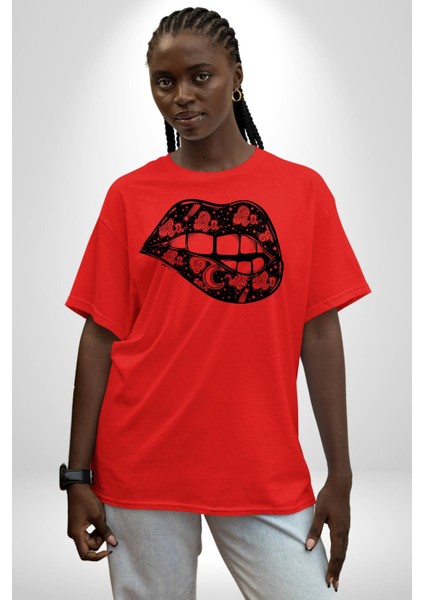 Ay Yıldız Dudak Bulut Dövme Pamuklu Bisiklet Yaka Kadın Erkek Oversize Boyfriend Dijital Baskılı Kırmızı T-Shirt fırsatları