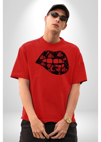 Ay Yıldız Dudak Bulut Dövme Pamuklu Bisiklet Yaka Kadın Erkek Oversize Boyfriend Dijital Baskılı Kırmızı T-Shirt indirimleri