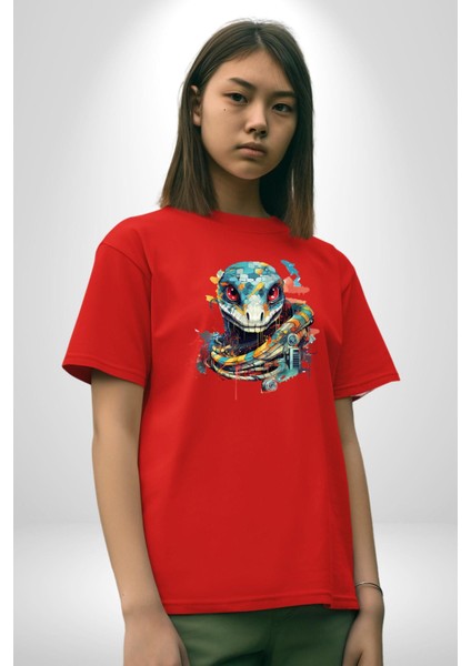 Yapay Zeka Sanal Yılan Pamuklu Bisiklet Yaka Kadın Erkek Oversize Boyfriend Dijital Baskılı Kırmızı T-Shirt
