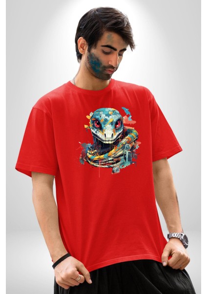 Yapay Zeka Sanal Yılan Pamuklu Bisiklet Yaka Kadın Erkek Oversize Boyfriend Dijital Baskılı Kırmızı T-Shirt