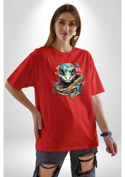 Yapay Zeka Sanal Yılan Pamuklu Bisiklet Yaka Kadın Erkek Oversize Boyfriend Dijital Baskılı Kırmızı T-Shirt