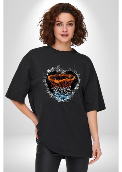 Basketbol Potası Bulutlu Siyah Pamuklu Bisiklet Yaka Kadın Erkek Oversize Boyfriend Dijital Baskılı Siyah T-Shirt modelleri