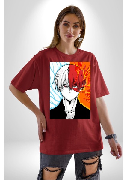 My Hero Academia Boku Anime Pamuklu Bisiklet Yaka Kadın Erkek Oversize Boyfriend Dijital Baskılı Kırmızı T-Shirt