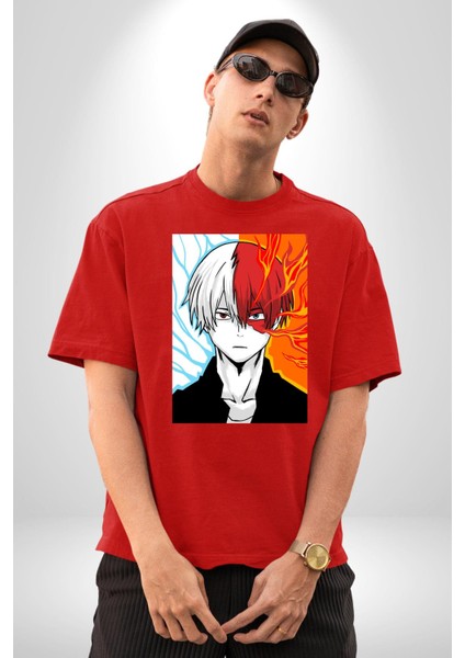 My Hero Academia Boku Anime Pamuklu Bisiklet Yaka Kadın Erkek Oversize Boyfriend Dijital Baskılı Kırmızı T-Shirt