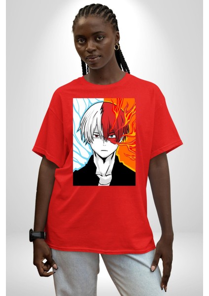 My Hero Academia Boku Anime Pamuklu Bisiklet Yaka Kadın Erkek Oversize Boyfriend Dijital Baskılı Kırmızı T-Shirt