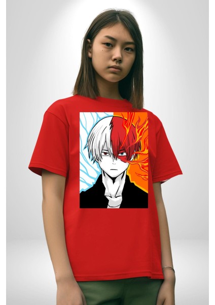 My Hero Academia Boku Anime Pamuklu Bisiklet Yaka Kadın Erkek Oversize Boyfriend Dijital Baskılı Kırmızı T-Shirt