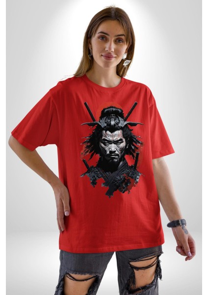 Asyalı Japon Samuray Savaşcı Pamuklu Bisiklet Yaka Kadın Erkek Oversize Boyfriend Dijital Baskılı Kırmızı T-Shirt fırsatları