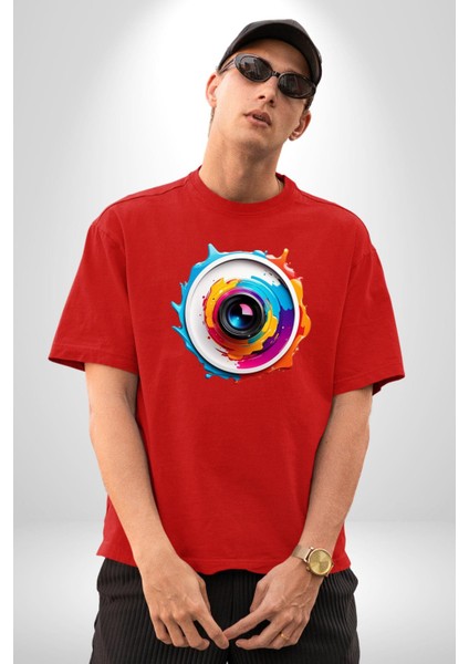 Fotoğraf Makinesi Camera Lens Pamuklu Bisiklet Yaka Kadın Erkek Oversize Boyfriend Dijital Baskılı Kırmızı T-Shirt
