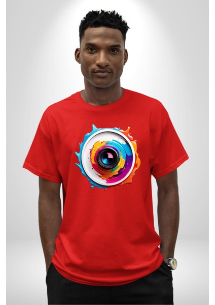 Fotoğraf Makinesi Camera Lens Pamuklu Bisiklet Yaka Kadın Erkek Oversize Boyfriend Dijital Baskılı Kırmızı T-Shirt fiyatları