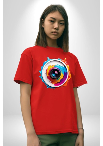 Fotoğraf Makinesi Camera Lens Pamuklu Bisiklet Yaka Kadın Erkek Oversize Boyfriend Dijital Baskılı Kırmızı T-Shirt modelleri