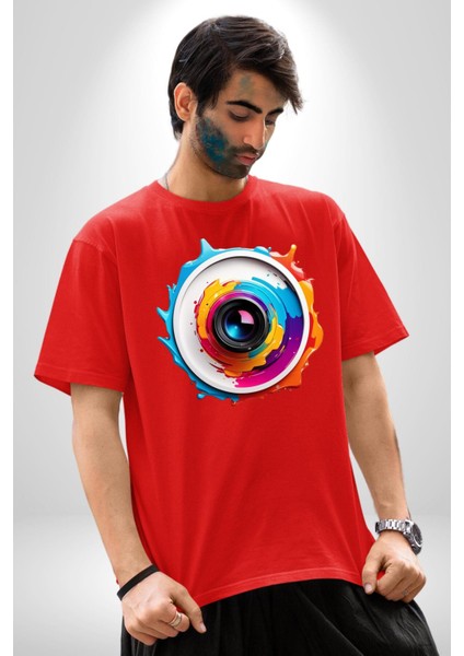 Fotoğraf Makinesi Camera Lens Pamuklu Bisiklet Yaka Kadın Erkek Oversize Boyfriend Dijital Baskılı Kırmızı T-Shirt fırsatları